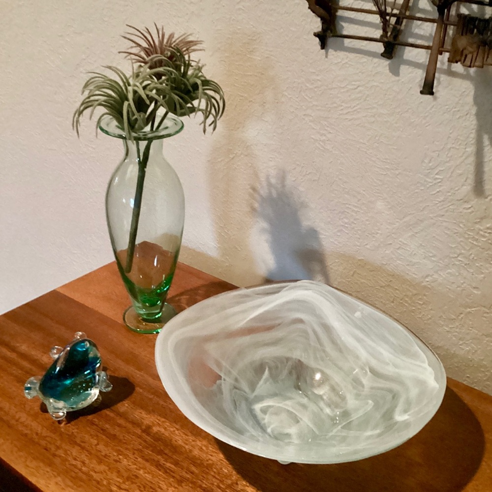 Pier 1 Imports White Swirl Recycled Glass Abstract Square Bowl Spain VTG